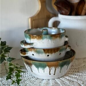 Pottery Nesting Set Rustic Stoneware Bowls Farmhouse Cottage Kitchen Decor